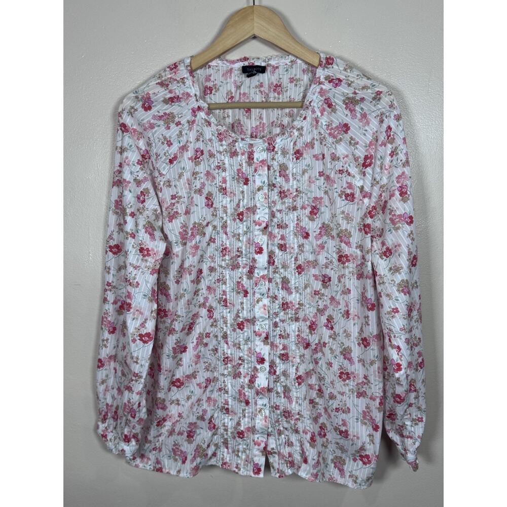 Talbots Womens Shirt XL Floral Cotton Coastal Beach Ruffle Pintuck Cottage